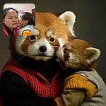 A heartwarming moment captured where a baby is giving a gentle kiss on an adult's cheek, with the adult wearing a red jacket and looking calmly into the camera, set indoors with a cozy background.