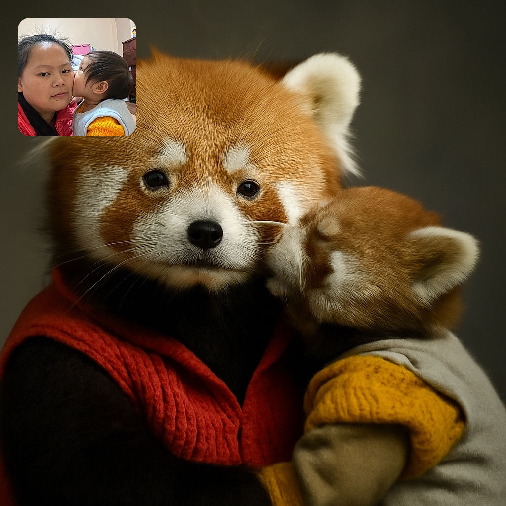 A heartwarming moment captured where a baby is giving a gentle kiss on an adult's cheek, with the adult wearing a red jacket and looking calmly into the camera, set indoors with a cozy background.