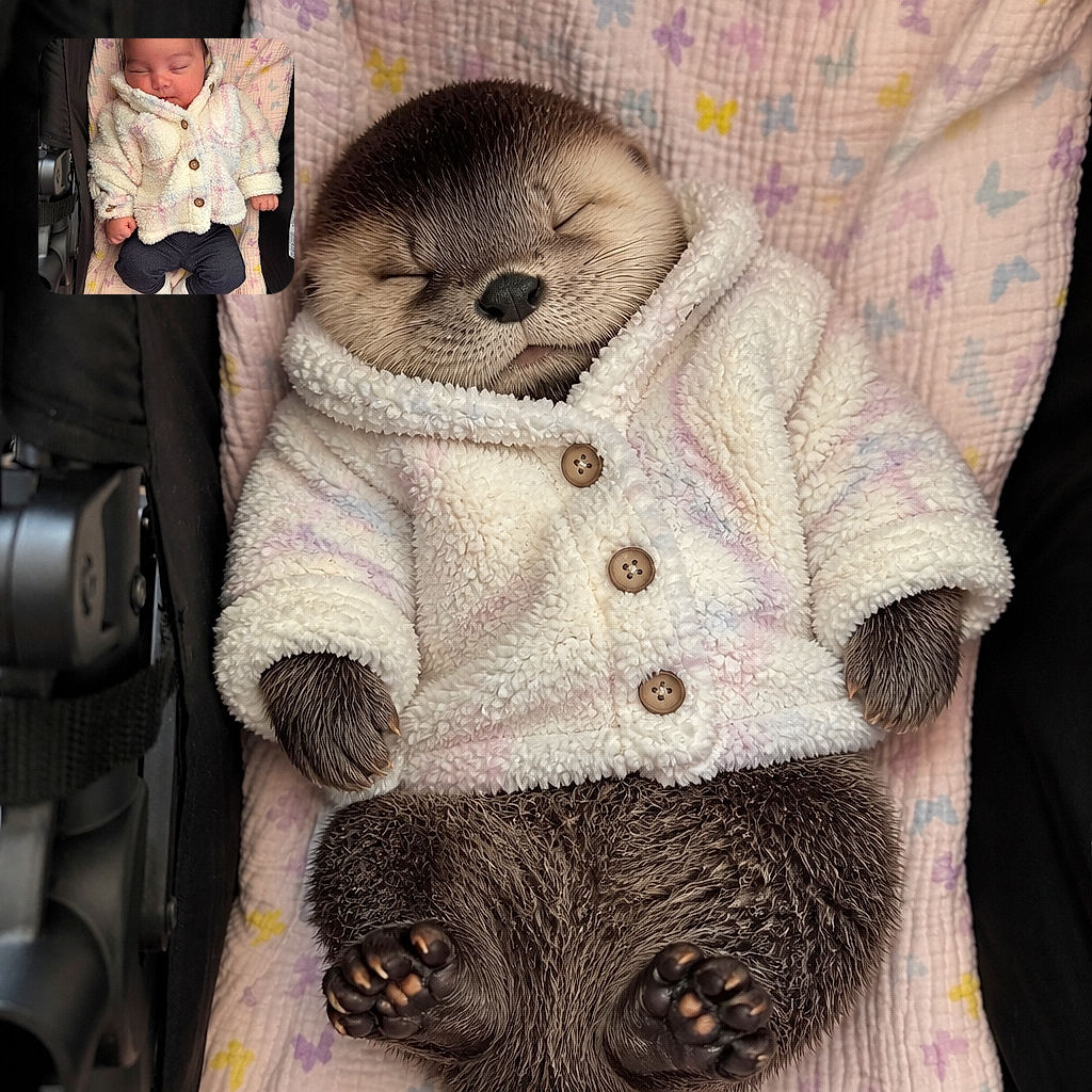 A peacefully sleeping newborn is bundled up like a tiny marshmallow astronaut in a pastel butterfly stroller, complete with fuzzy coat, button eyes, and miniature sock-covered feet.