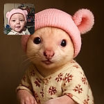 A wide-eyed baby wearing a cute pink knit hat with pom-poms and a floral onesie looks curiously into the camera, with a backdrop of pantry shelves stocked with various household items.