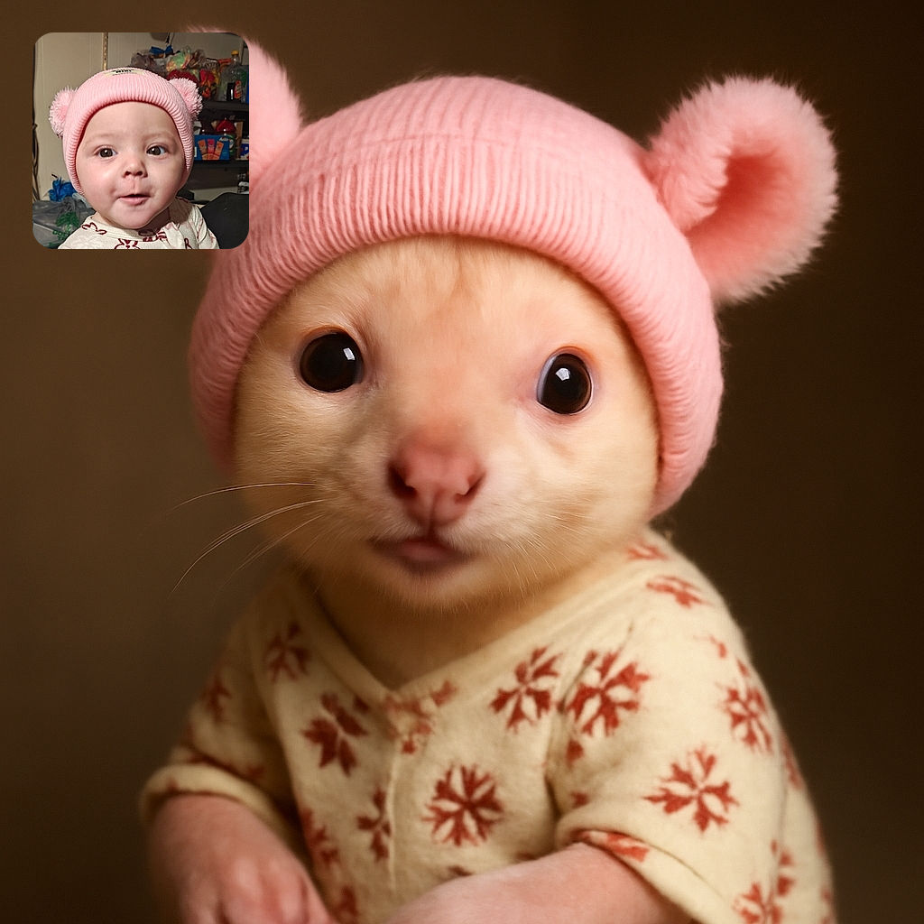 A wide-eyed baby wearing a cute pink knit hat with pom-poms and a floral onesie looks curiously into the camera, with a backdrop of pantry shelves stocked with various household items.