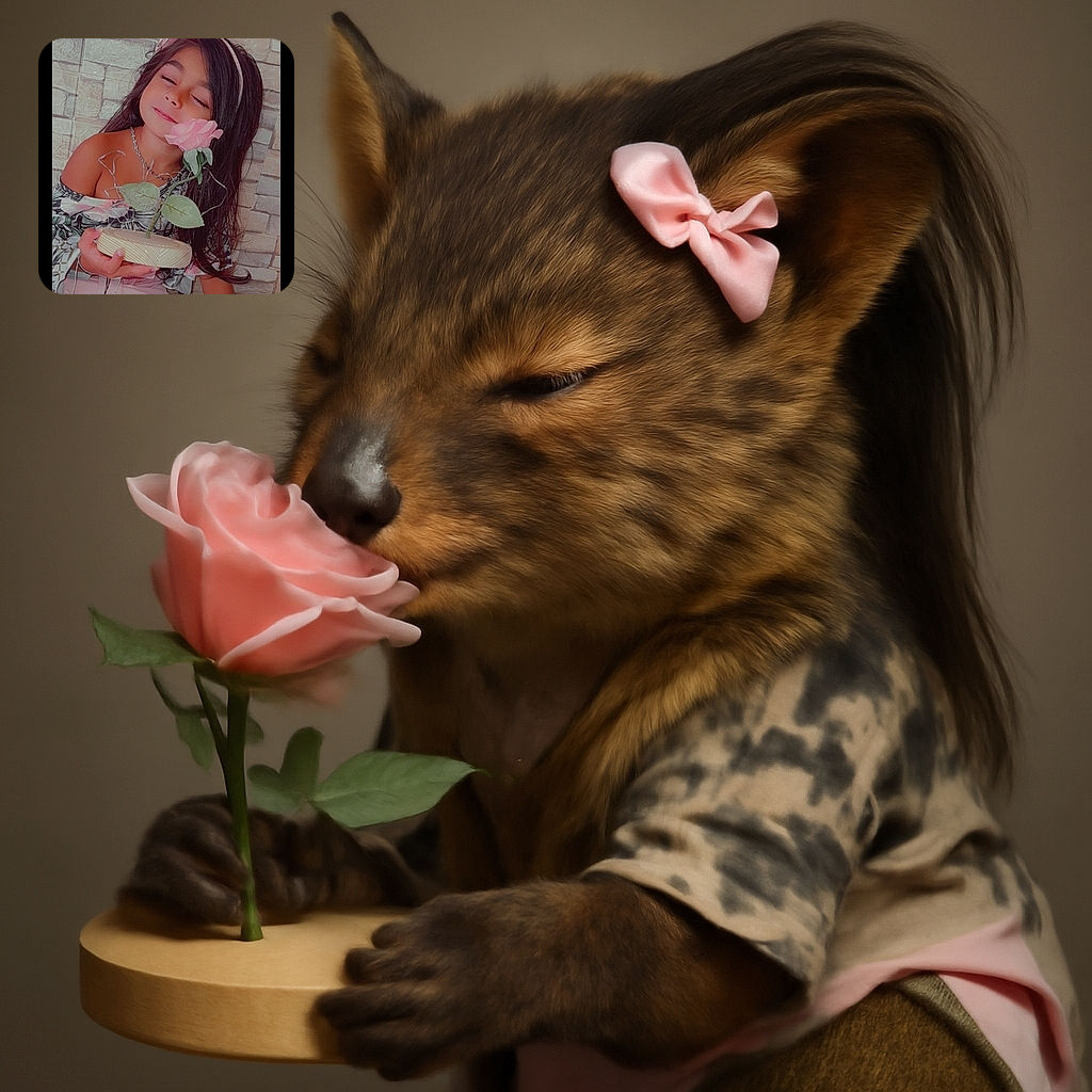 A young girl with long dark hair and a pink headband is holding a decorative pink rose with her eyes closed, looking serene and peaceful against a textured brick wall background. The word 'CIAO' is overlaid above her head in white letters.