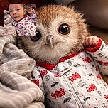 An adorable newborn baby wearing a white onesie decorated with red fire trucks, helicopters, and cars, lying on a cozy blanket. The baby gazes curiously at the camera with wide eyes, surrounded by soft fabrics creating a warm and comforting atmosphere.