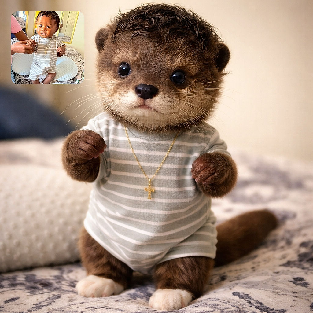 A cute baby dressed in a striped onesie and socks is standing on a bed with the help of an adult holding their hands. The baby looks curious with big eyes and a slight smile, while the room in the background features a mirror reflecting part of the scene and cozy bedding with pillows and a hairbrush nearby.