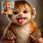 A close-up photo of a playful baby sticking out their tongue with big sparkling eyes and tousled hair, held by an adult's hands, with a soft indoor background.
