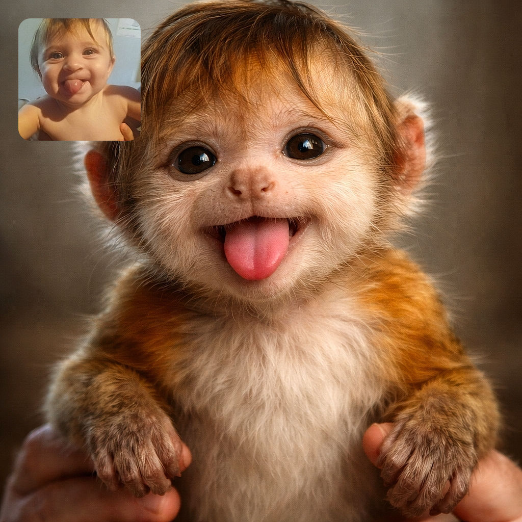 A close-up photo of a playful baby sticking out their tongue with big sparkling eyes and tousled hair, held by an adult's hands, with a soft indoor background.