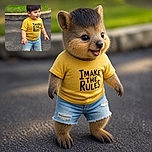 A cheerful little boy poses outdoors in a bright yellow “I Make the Rules” shirt and wonderfully ripped denim shorts, looking like the tiny CEO of the sidewalk while the grass and pavement provide his executive backdrop.