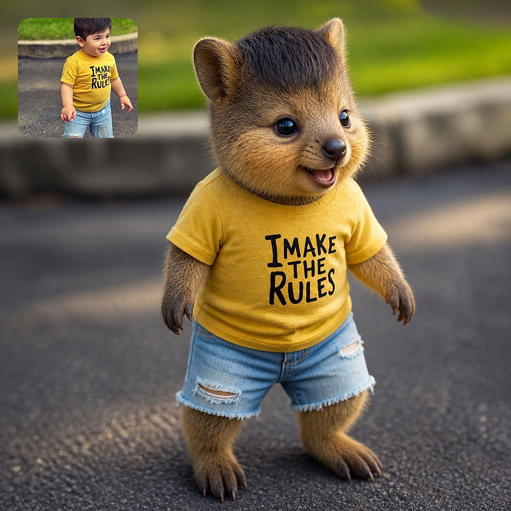 A cheerful little boy poses outdoors in a bright yellow “I Make the Rules” shirt and wonderfully ripped denim shorts, looking like the tiny CEO of the sidewalk while the grass and pavement provide his executive backdrop.