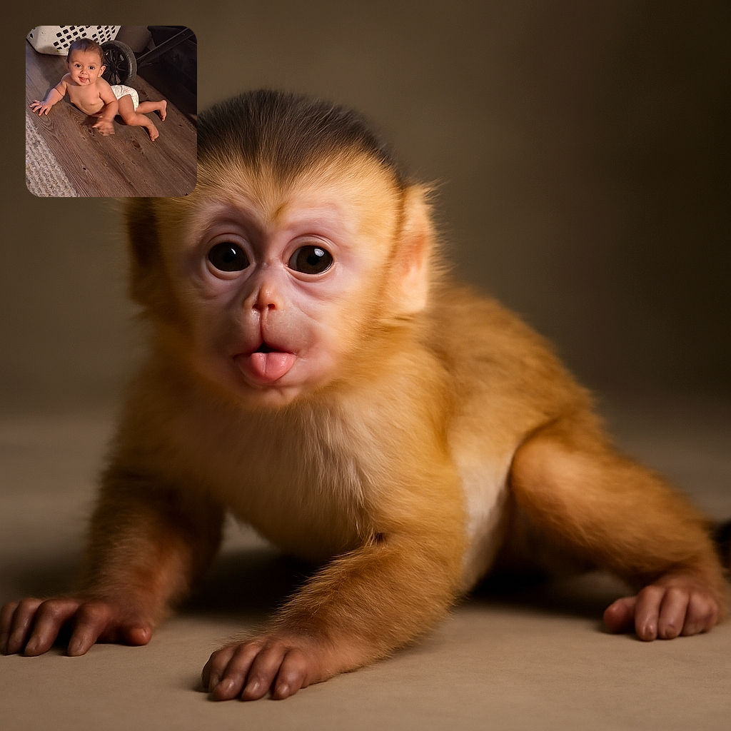 A cheerful baby in a diaper is crawling on a wooden floor, with a playful smile and bright eyes. In the background, a laundry basket and a stroller wheel add a cozy, everyday home vibe.