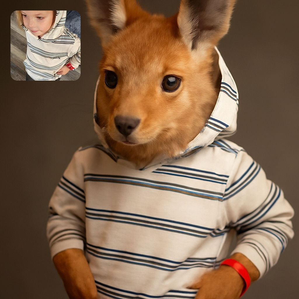 A young child wearing a striped hoodie looks slightly away from the camera with a thoughtful expression, standing on a wooden floor in a casual indoor setting.