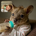 A cute baby with curly hair is lying comfortably on a textured cushion, gripping a large baby bottle with both hands and drinking from it with a content smile and sparkling eyes.