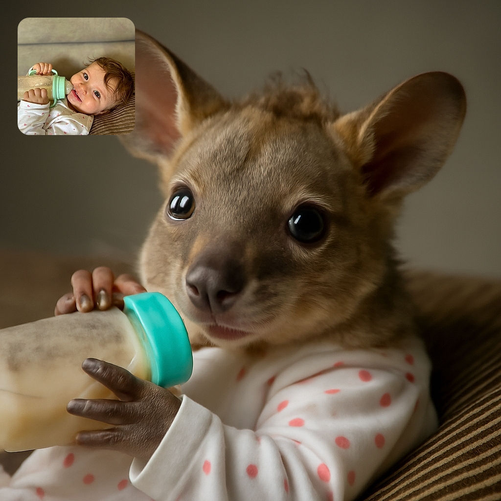 A cute baby with curly hair is lying comfortably on a textured cushion, gripping a large baby bottle with both hands and drinking from it with a content smile and sparkling eyes.