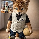A tiny dapper dude in a vest and Batman slippers clutching a cantaloupe like a bowling trophy, giving the camera a suspicious, 'who dressed me?' stare against a corrugated-metal backdrop.