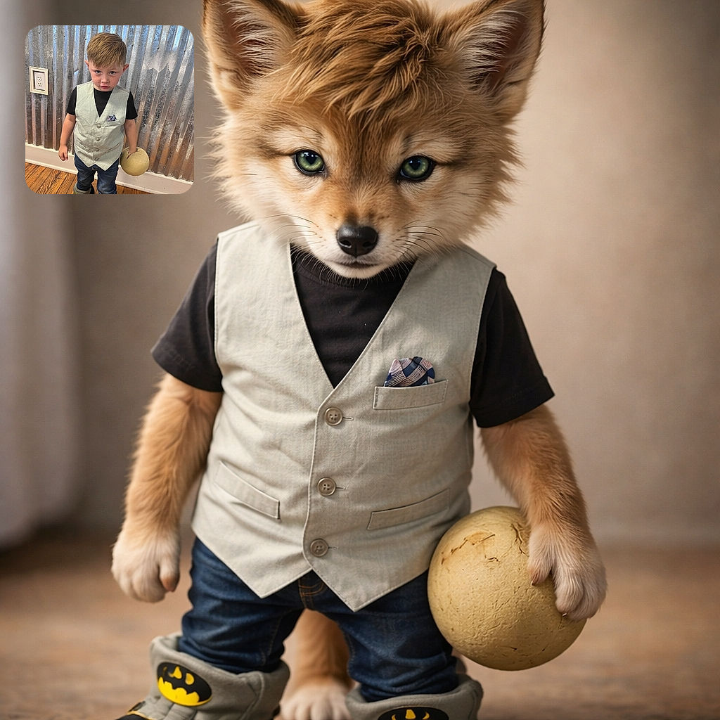 A tiny dapper dude in a vest and Batman slippers clutching a cantaloupe like a bowling trophy, giving the camera a suspicious, 'who dressed me?' stare against a corrugated-metal backdrop.