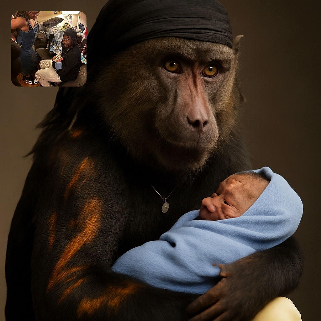A cozy indoor scene where a man with a headwrap and white pants sits on a couch cradling a baby in blue, while a woman in a denim dress and sneakers stands nearby, all bathed in warm lamp light with a cluttered but homely background.