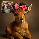 A toddler with curly hair tied up with two big pink bows stares curiously at the camera wearing a yellow polka dot dress, while two adults partially appear on the sides, all set in a cozy living room with curtains and a couch.