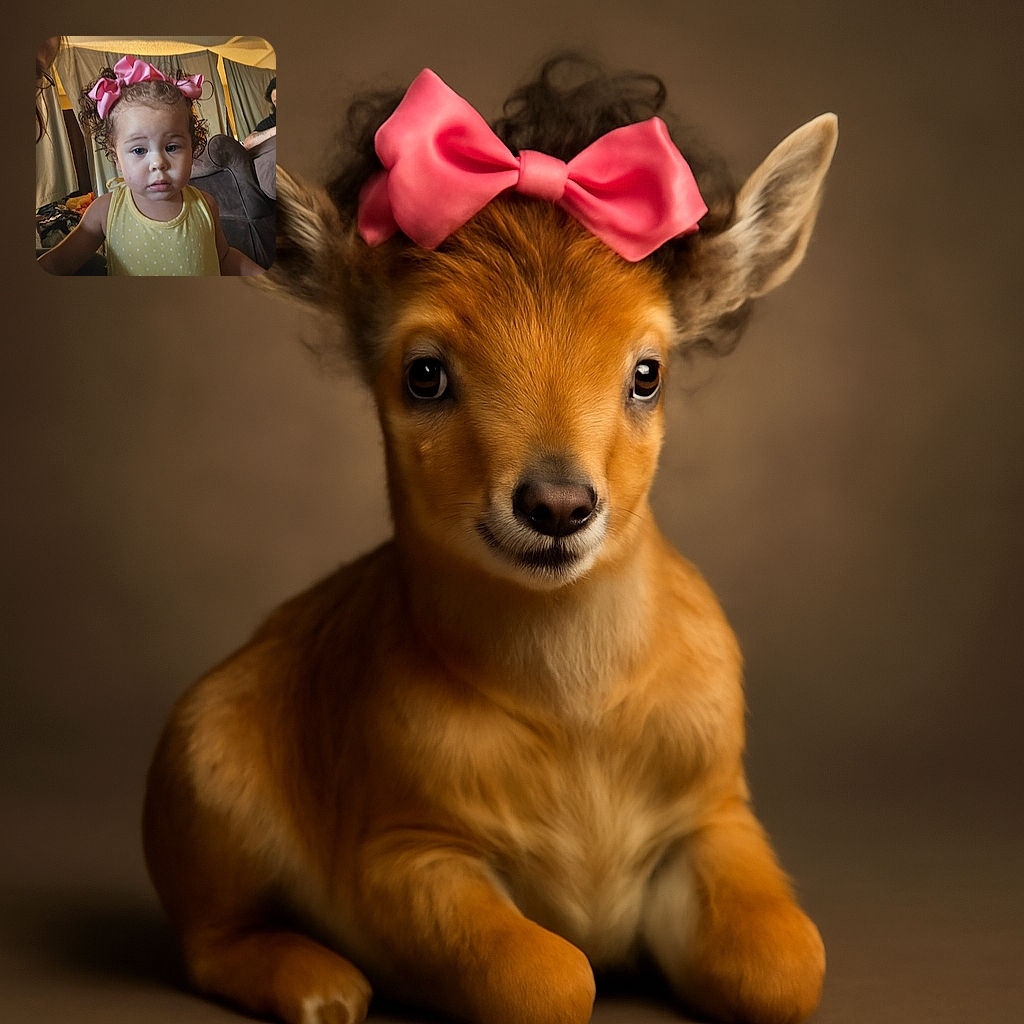 A toddler with curly hair tied up with two big pink bows stares curiously at the camera wearing a yellow polka dot dress, while two adults partially appear on the sides, all set in a cozy living room with curtains and a couch.