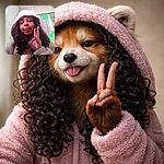 A young person wearing a cozy pink hooded jacket makes a playful face with their tongue out and flashes an OK hand sign. The background shows a classroom setting with colorful educational posters on a green board and bright natural light streaming in from a window.