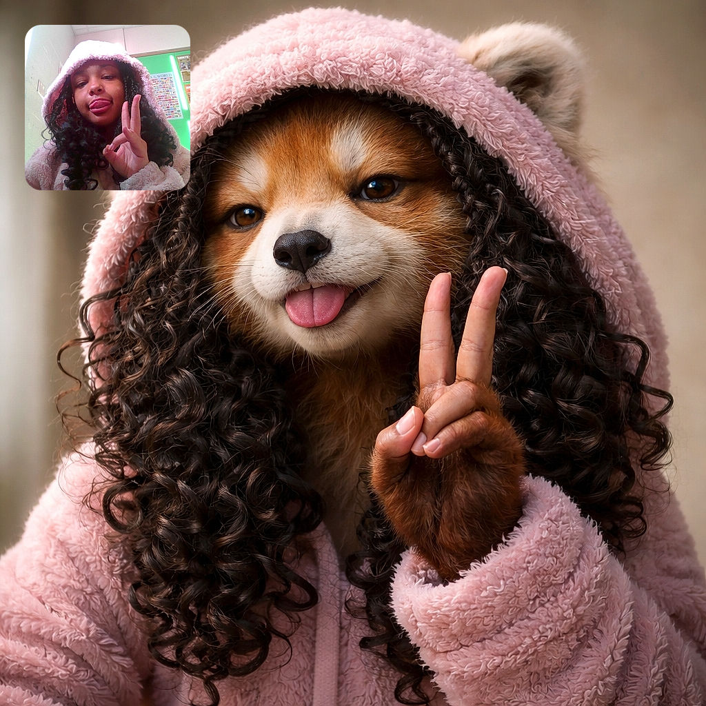 A young person wearing a cozy pink hooded jacket makes a playful face with their tongue out and flashes an OK hand sign. The background shows a classroom setting with colorful educational posters on a green board and bright natural light streaming in from a window.