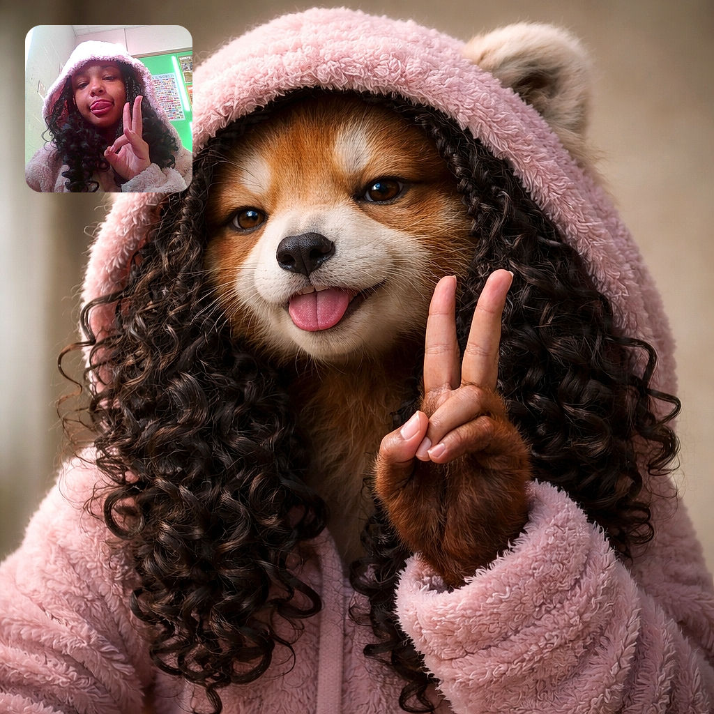 A young person wearing a cozy pink hooded jacket makes a playful face with their tongue out and flashes an OK hand sign. The background shows a classroom setting with colorful educational posters on a green board and bright natural light streaming in from a window.