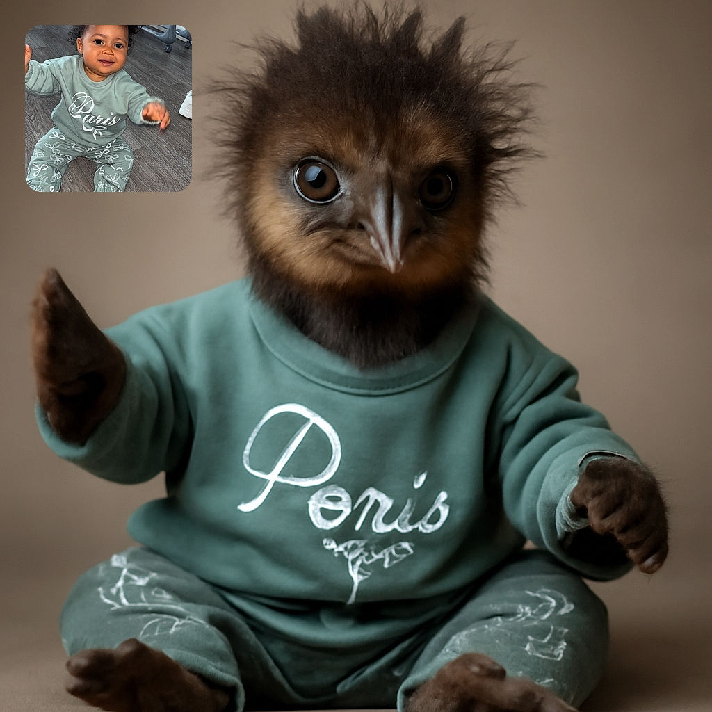 A cheerful toddler with curly hair is sitting on a wooden floor, wearing a matching green outfit with white bows and the word 'Paris' on the shirt. The child appears to be reaching out with a playful expression, surrounded by some baby gear and toys in the background.