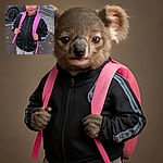 A confident young child stands outdoors on a paved street, rocking a sporty black jacket and beige cargo pants, with a bright pink backpack adding a pop of color. The child smiles softly, ready for an adventure, while sparkly light effects add a magical touch to the scene.
