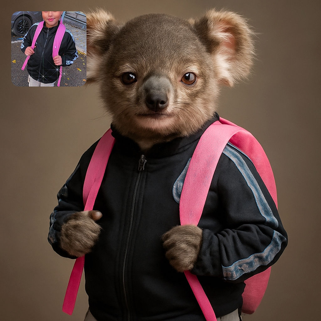 A confident young child stands outdoors on a paved street, rocking a sporty black jacket and beige cargo pants, with a bright pink backpack adding a pop of color. The child smiles softly, ready for an adventure, while sparkly light effects add a magical touch to the scene.