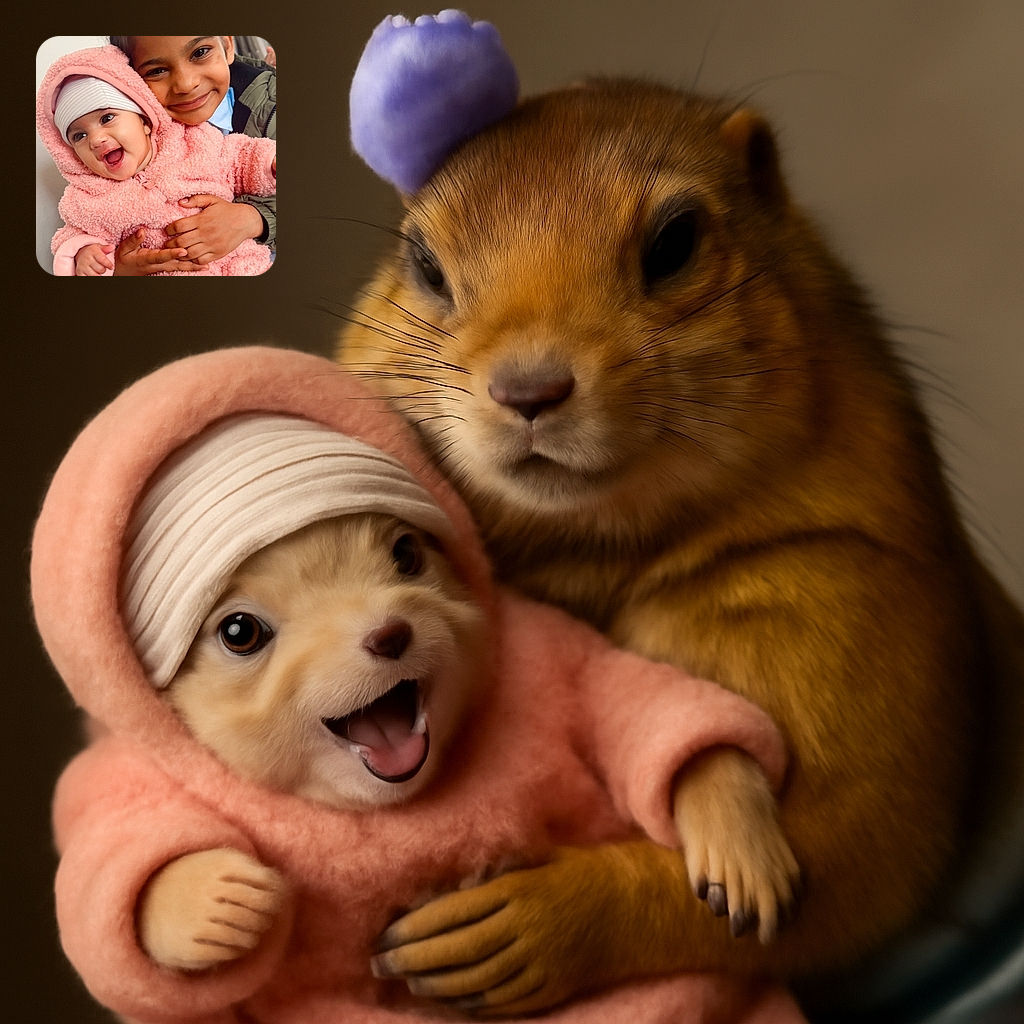 A heartwarming snapshot of two adorable kids bundled up for chilly weather. The older child smiles gently while hugging the baby, who is laughing joyfully in a fluffy pink outfit. The cozy indoor setting adds a touch of warmth and love to this candid moment.