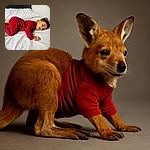 A curious toddler in a cozy red onesie is lying on a patterned bedspread, head tilted with wide eyes full of wonder, ready to explore the world one playful crawl at a time.