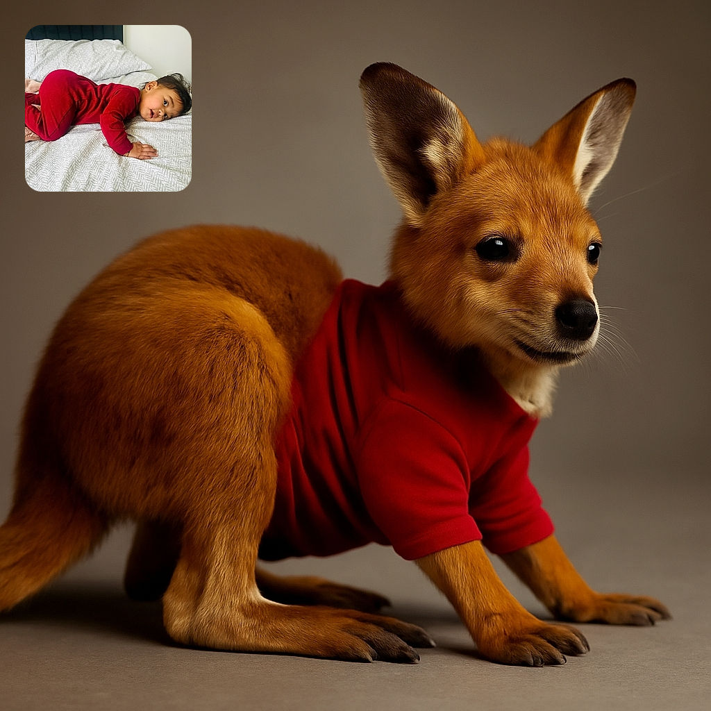 A curious toddler in a cozy red onesie is lying on a patterned bedspread, head tilted with wide eyes full of wonder, ready to explore the world one playful crawl at a time.