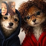 A close-up selfie of two people, one child wearing a dark hoodie and an adult with curly hair and glasses in a red top. The image is slightly blurry and softly lit, giving it a casual, candid vibe.