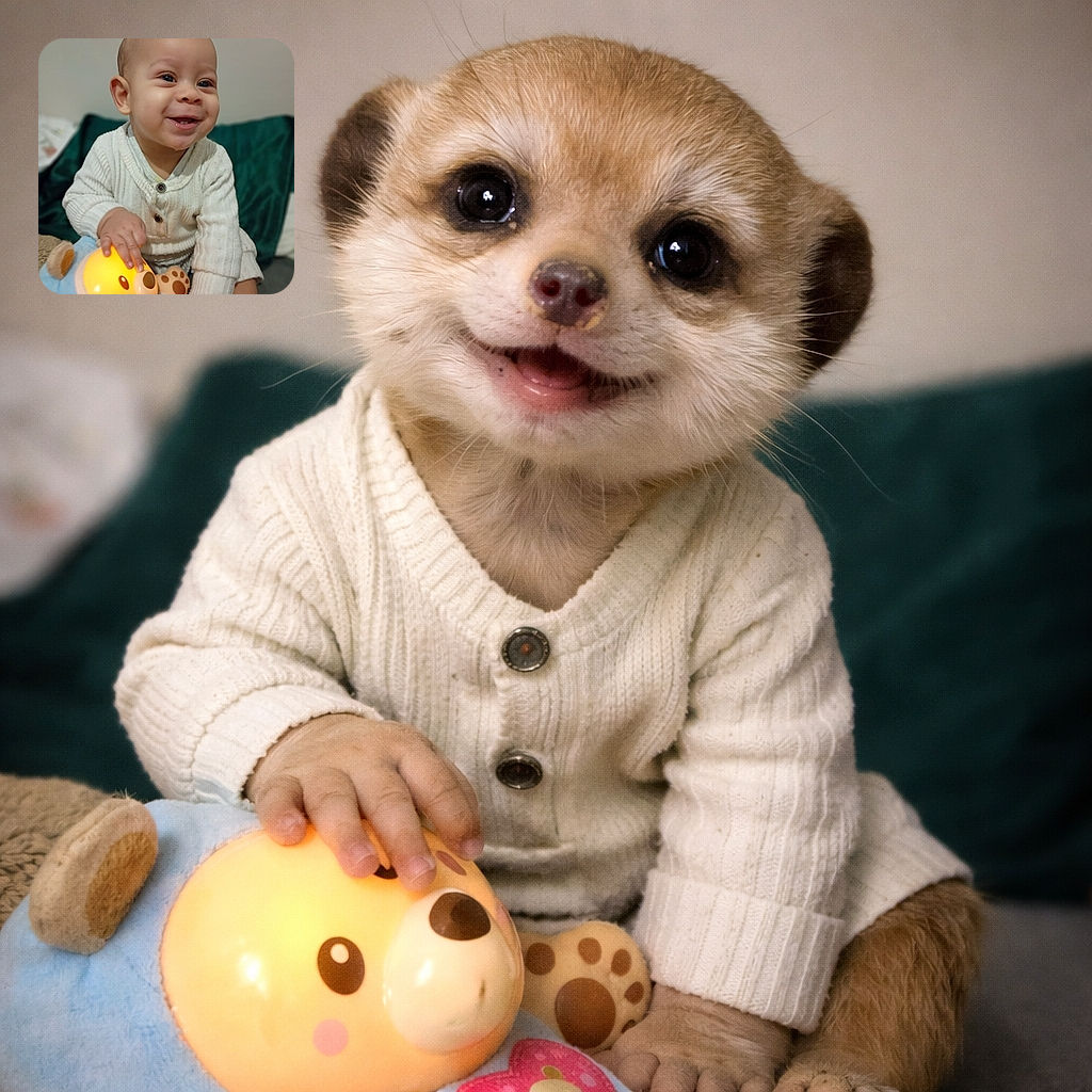 A gleeful baby grinning like a tiny stand-up comedian while clutching a glowing stuffed toy — cheeks like marshmallows, one tooth peeking through, and a cozy sweater making the whole scene impossible not to smile at.