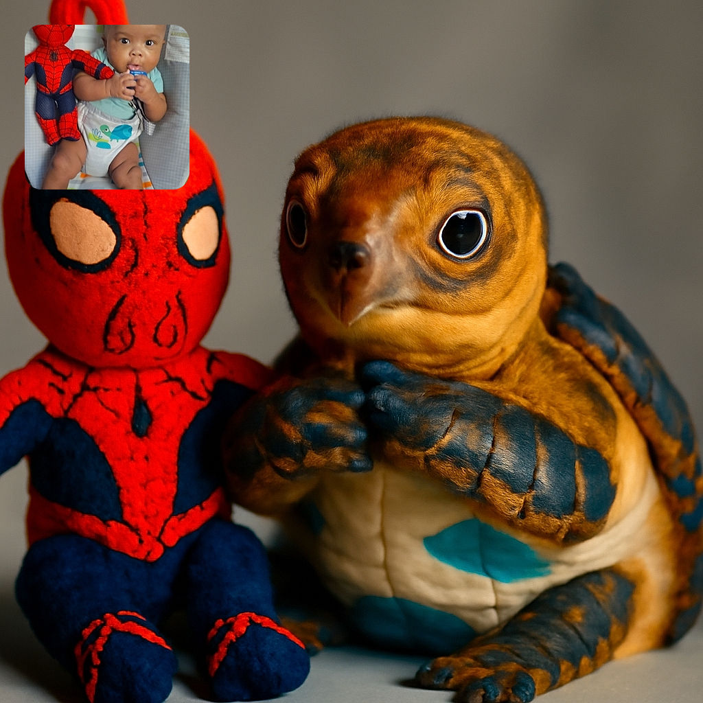 A curious baby is sitting in a colorful baby seat, holding a blue object close to their mouth with wide eyes, next to a knitted Spiderman doll that looks ready to save the day.