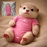 A baby in a pink onesie lies on a striped bedspread, looking curiously at the camera with a slightly serious expression, surrounded by cozy blankets and soft lighting.