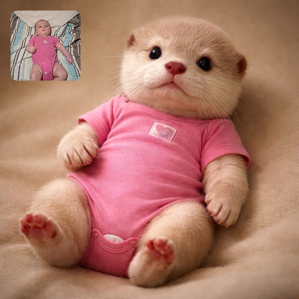 A baby in a pink onesie lies on a striped bedspread, looking curiously at the camera with a slightly serious expression, surrounded by cozy blankets and soft lighting.