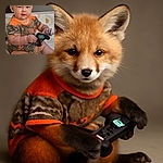 A chubby-cheeked baby in a camo-patterned onesie with bright orange trim holds a toy game controller and a pacifier, sitting comfortably on a patterned play mat, looking curiously at the camera with a slight smile.