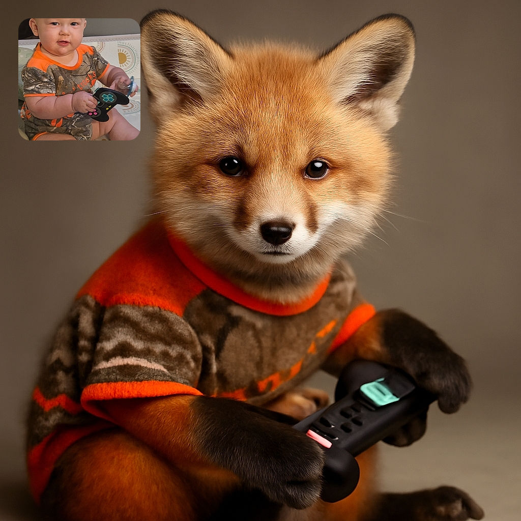 A chubby-cheeked baby in a camo-patterned onesie with bright orange trim holds a toy game controller and a pacifier, sitting comfortably on a patterned play mat, looking curiously at the camera with a slight smile.