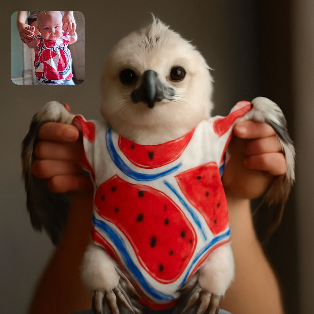 A chubby-cheeked baby in a vibrant watermelon-patterned dress is being gently held up by an adult's hands, capturing a sweet moment of early steps or play indoors with a soft-focused background.