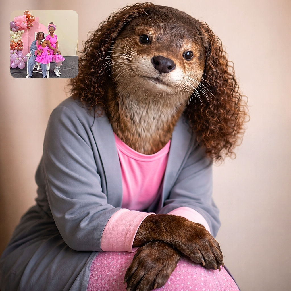 Three generations striking a celebratory pose: a toddler in a poofy pink dress sits on grandma's lap while a tinsel-crowned mom beams beside them, all framed by a pastel balloon arch — like a tiny royal court made of confetti and cotton candy.
