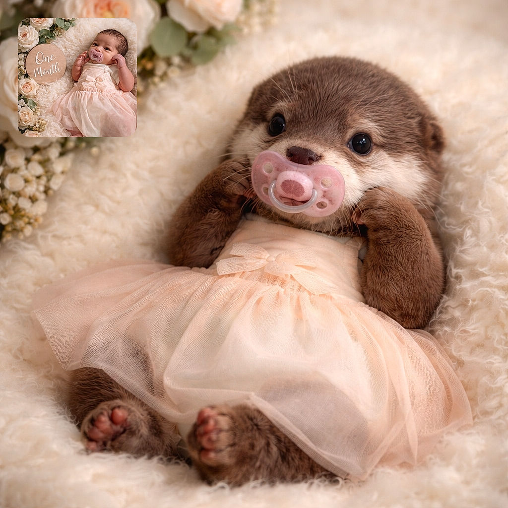 A tiny, wide-eyed newborn lounges on an ultra-fluffy cream blanket in a pale pink frilly dress, pacifier firmly in place, flanked by a wooden 'One Month' milestone sign and a halo of blush roses — the whole scene looks like a couture baby photoshoot staged inside a cloud.