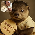 A cute baby lying on a textured brown blanket next to a wooden milestone plaque that reads 'one month', looking curiously at the camera with big, bright eyes and soft, curly hair.
