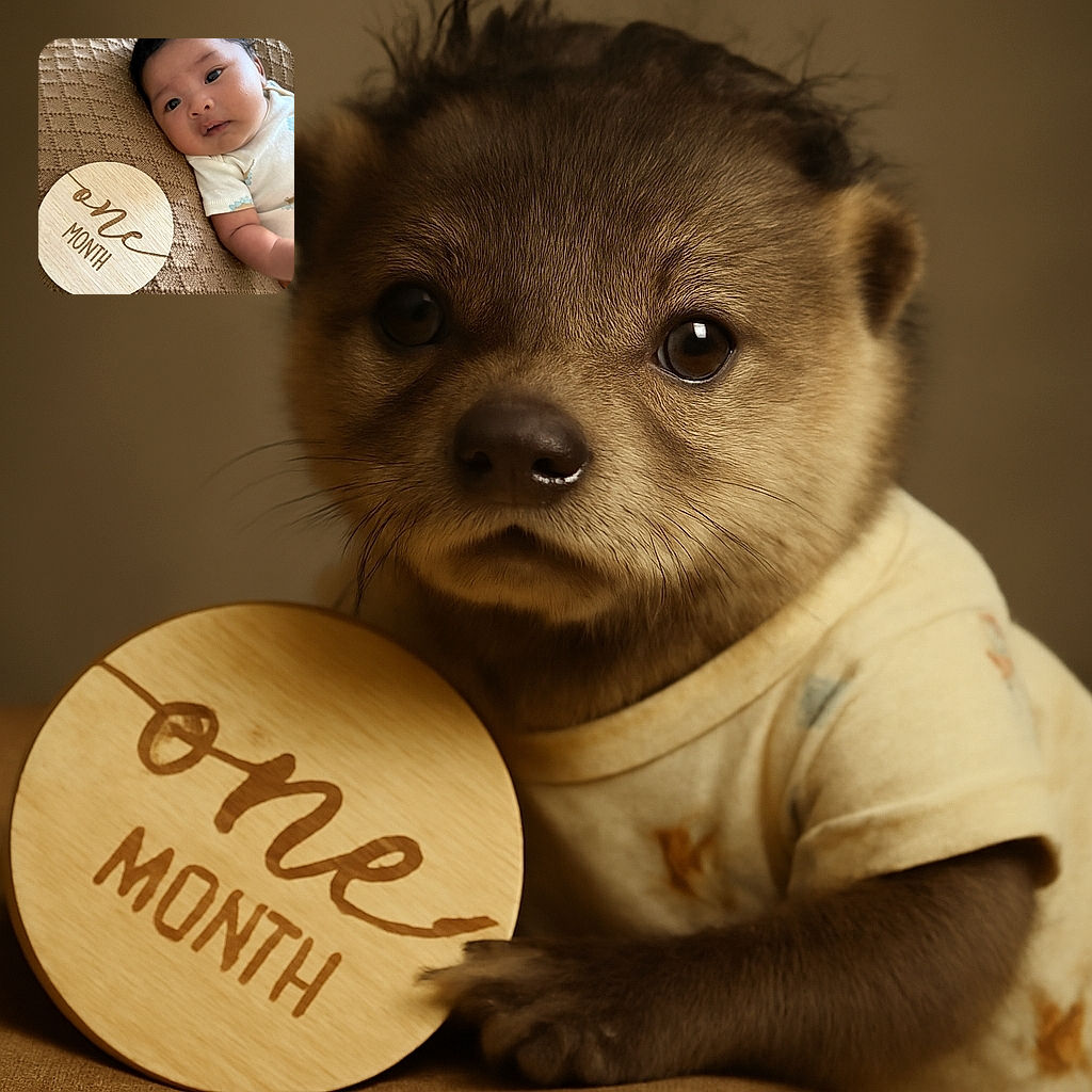 A cute baby lying on a textured brown blanket next to a wooden milestone plaque that reads 'one month', looking curiously at the camera with big, bright eyes and soft, curly hair.