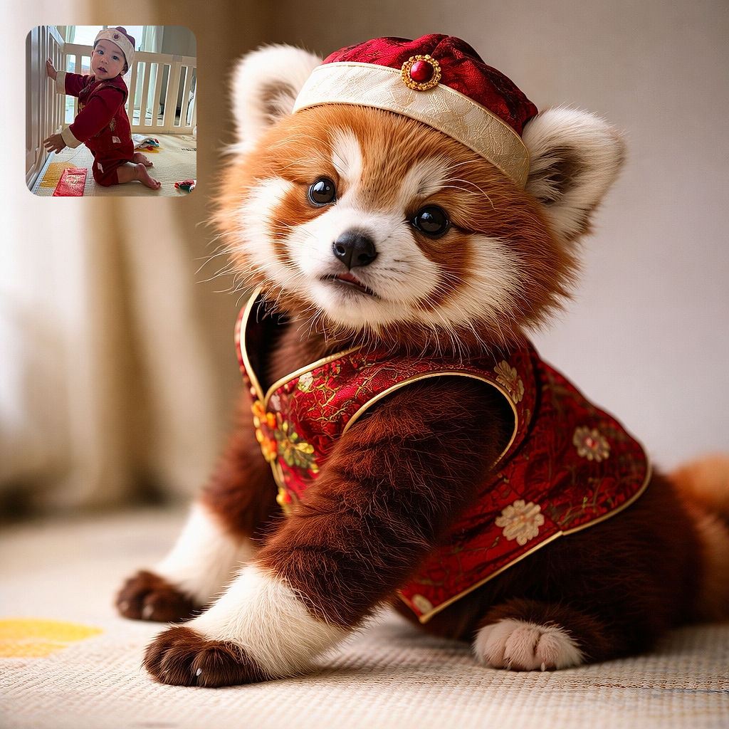 A chubby-cheeked toddler in festive red is mid-adventure in a playpen, balancing on their knees with a curious tilt and a tiny crown-like hat — surrounded by red envelopes and toys as if plotting their next heist of happiness.