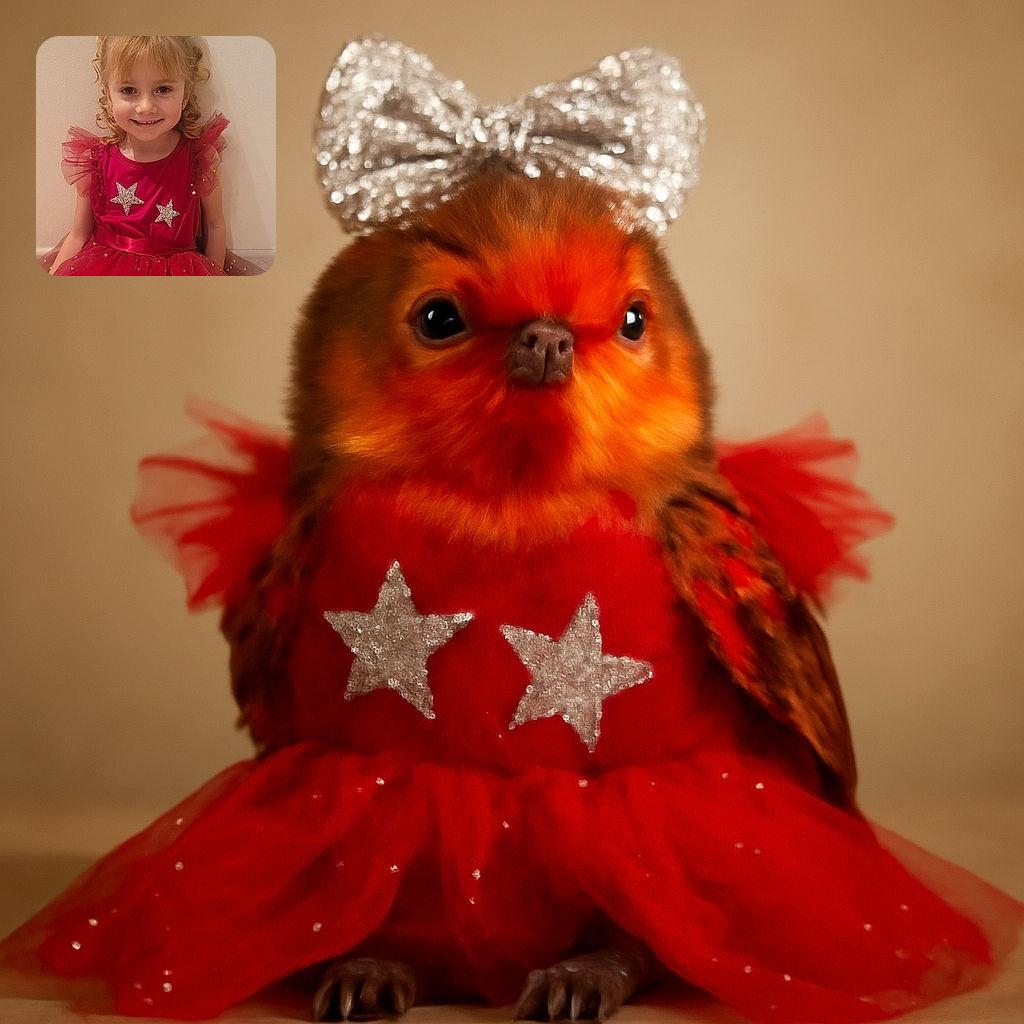 A cheerful little girl wearing a sparkling red dress adorned with stars and a big glittery bow headband smiles warmly at the camera while sitting against a plain beige wall.