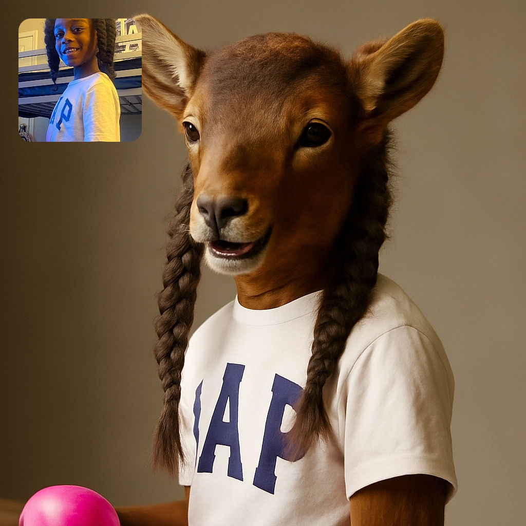 A smiling child with two big puffs of hair stands indoors near a bunk bed, holding a glowing purple object that casts a fun light on their hands, while the background shows a cozy room with a door and a backpack hanging.