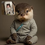 A curious baby in a beige striped onesie lounges in a cushy baby rocker, looking straight at the camera with wide eyes, surrounded by a cozy home setting with wooden floors and cabinets.