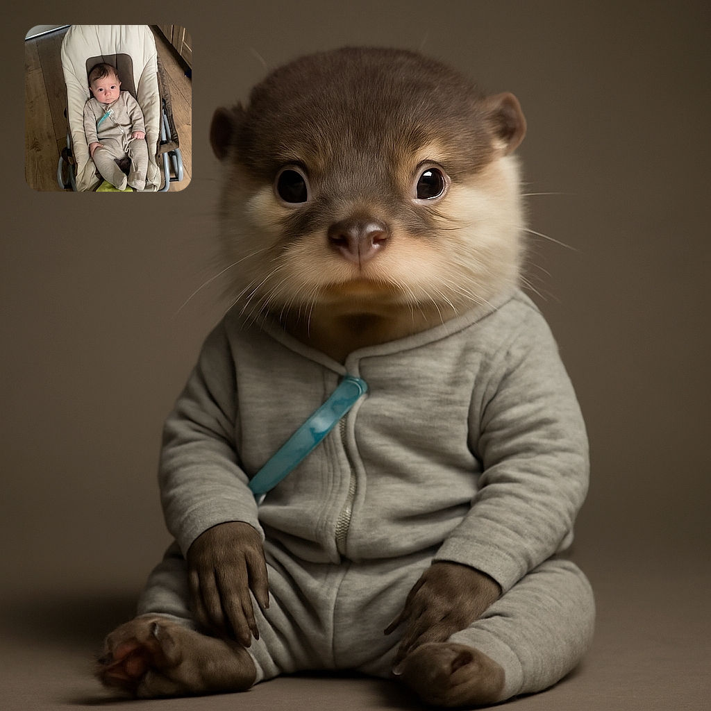 A curious baby in a beige striped onesie lounges in a cushy baby rocker, looking straight at the camera with wide eyes, surrounded by a cozy home setting with wooden floors and cabinets.
