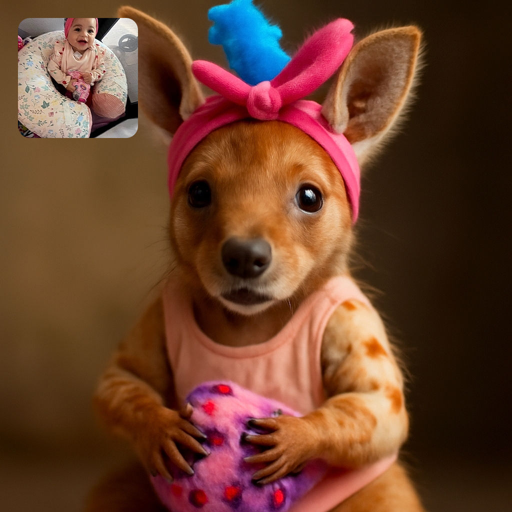A joyful baby with a bright pink headband and a plush blue toy perched on top, cozily nestled in a floral nursing pillow, clutching a colorful snack bag, with a soft playpen mesh background.