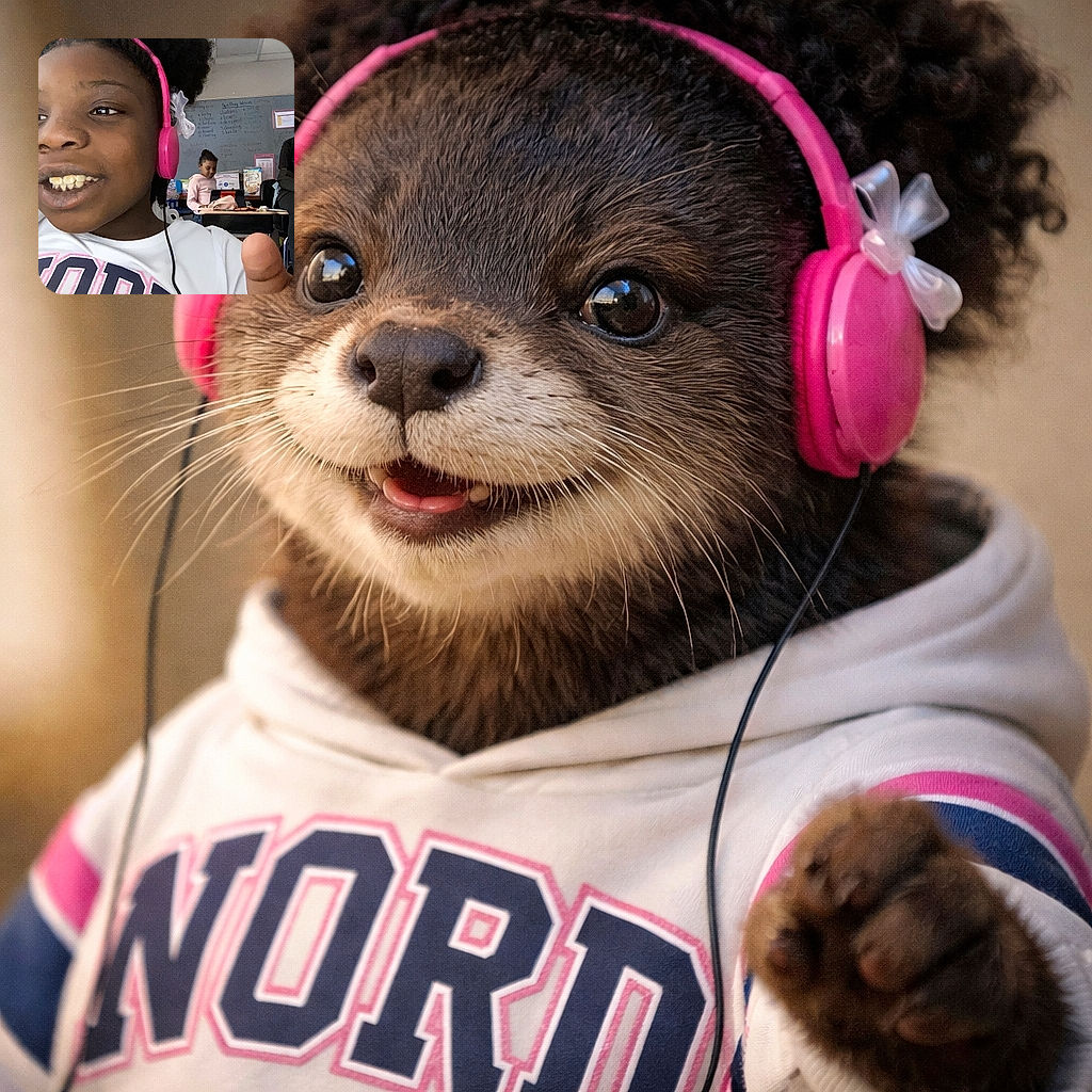 A cheerful child wearing bright pink headphones takes a close-up selfie in a lively classroom, with other kids and a teacher busy in the background, creating a candid snapshot of school life.