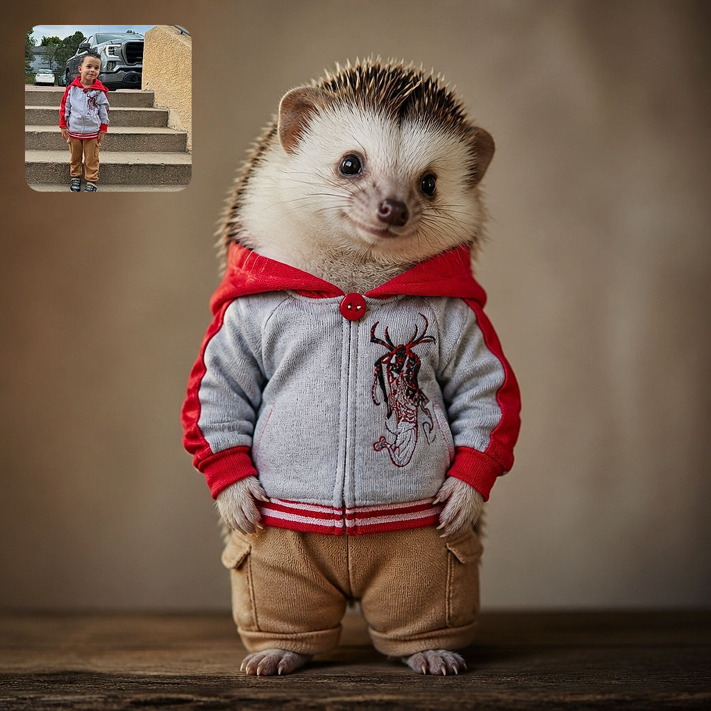 A young child stands proudly on the stairs, dressed in a red-and-gray hoodie and sneakers, looking like the neighborhood’s tiniest car-show host while a giant pickup truck looms behind like his personal chariot.